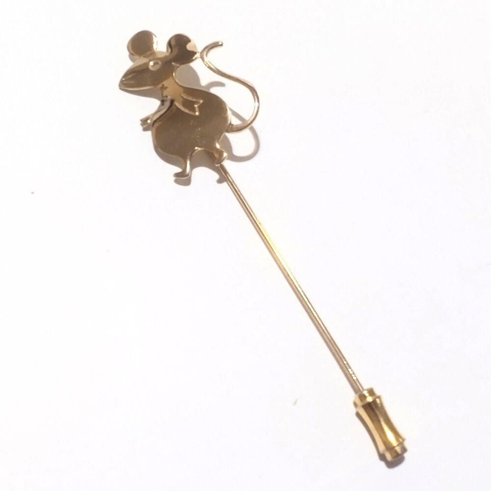 Vintage Gold Tone Mouse Stick Pin Brooch Long Lapel Hat Pin 3 5/8"